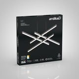 Black retail box displaying the Artika Grid suspended LED light fixture with intersecting rectangular bars. Features and specs are shown on the front, including LED technology and brightness information.