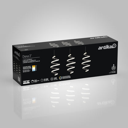 A black rectangular box for the Artika Chorus 3 light fixture, featuring images of three spiral-shaped pendant lights and product details in English and French on a gray gradient background.