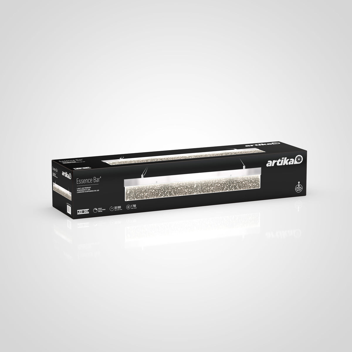 A rectangular black box packaging for an Arcika Essence Bar light fixture is shown on a white background, with an image of the illuminated bar and product details visible on the box.