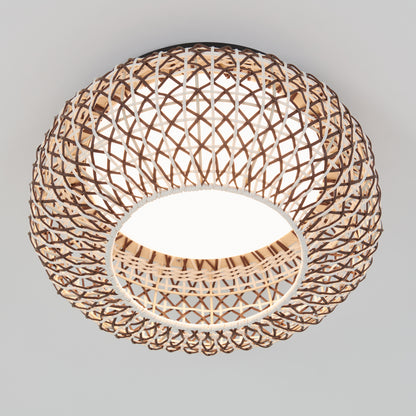 The Artika Benson 15 in. LED flush mount light features a woven, dome-shaped design with natural tones and a soft, diffused glow, adding style to any white ceiling with its elegant lattice pattern and adjustable 5 CCT settings.