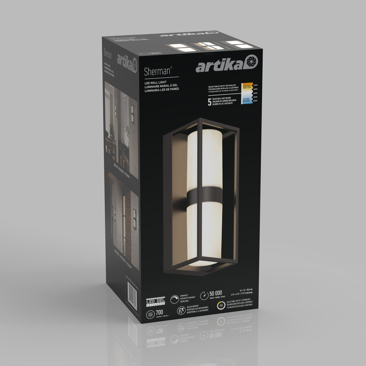 Box of an Artika Sherman modern LED indoor-outdoor wall light 5 CCT. The packaging shows the black rectangular fixture with a white cylindrical center, details about its features, and images of it installed on a wall.