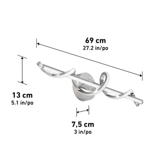 The Artika Coda modern LED bathroom vanity light 5 CCT features a twisted metal design and wall-mount style, measuring 69 cm (27.2 in) wide, 13 cm (5.1 in) high, and 7.5 cm (3 in) deep with measurements shown by double-headed arrows.
