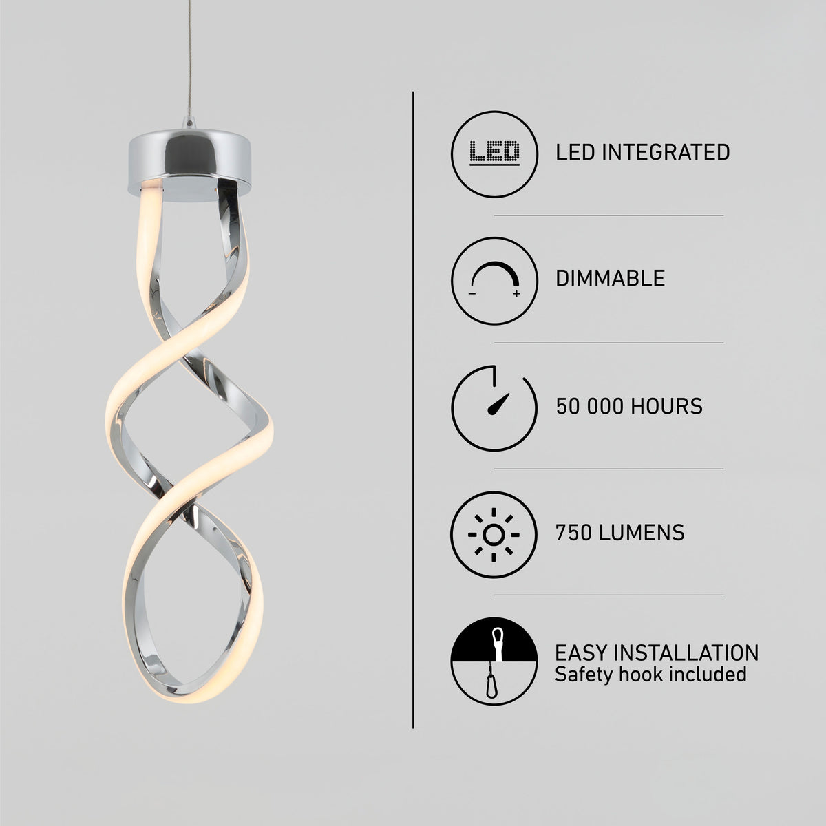 Modern twisted LED pendant light with chrome finish on the left; on the right are icons and text listing features: LED integrated, dimmable, 50,000 hours, 750 lumens, and easy installation with safety hook included.
