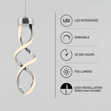 Modern twisted LED pendant light with chrome finish on the left; on the right are icons and text listing features: LED integrated, dimmable, 50,000 hours, 750 lumens, and easy installation with safety hook included.