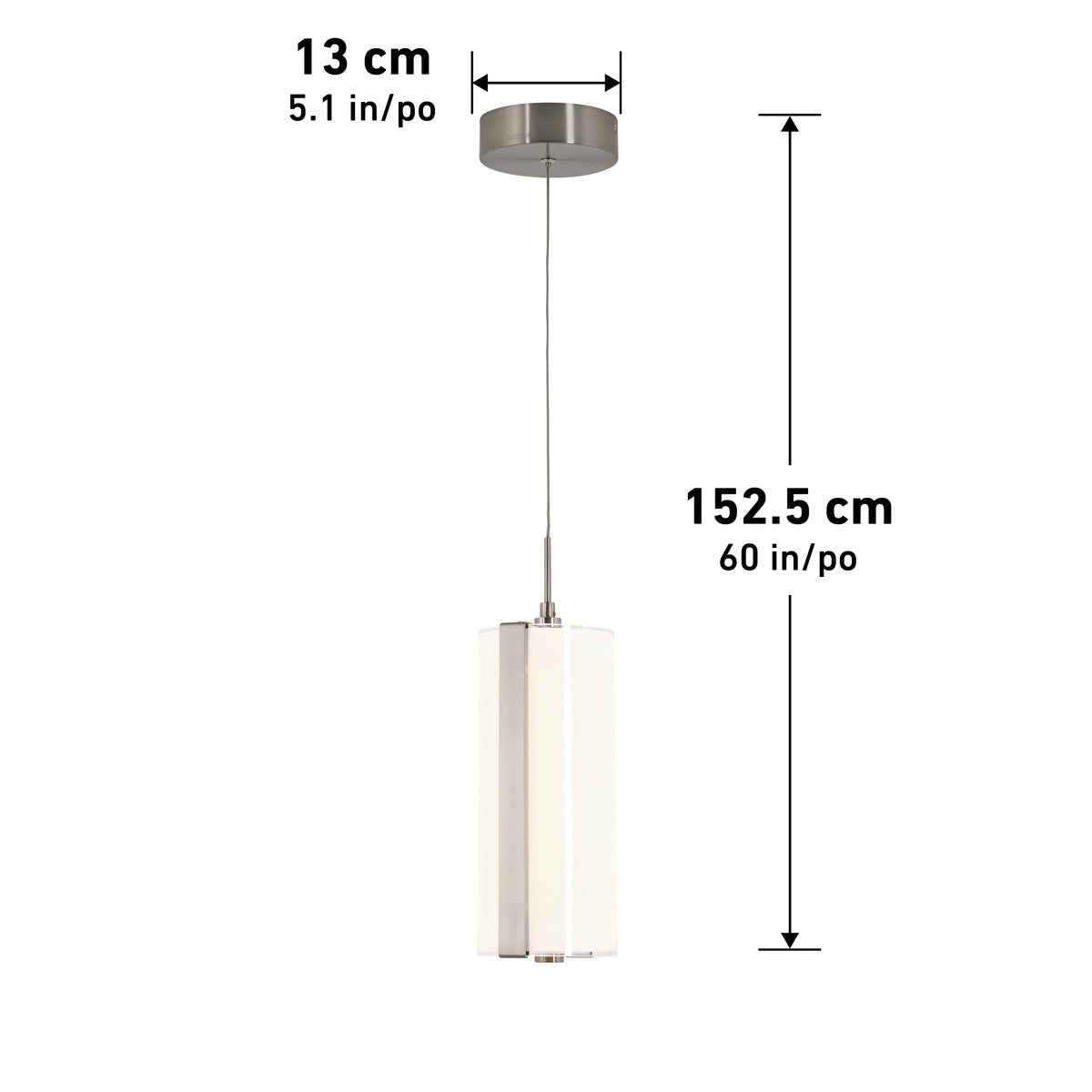 A modern pendant light with a cylindrical white shade and metal accents. The fixture hangs from a ceiling mount with a cord. Dimensions are labeled: 13 cm (5.1 in) wide and 152.5 cm (60 in) high.