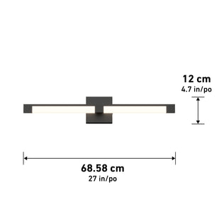 The Artika Tivoli modern LED bathroom vanity light 5 CCT is a rectangular black sconce with a central mounting plate and two horizontal LED bars. It has adjustable lighting, LED dimmer compatibility, and measures 68.58 cm wide by 12 cm high.