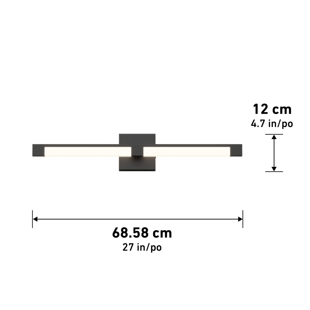 Rectangular black wall light fixture with illuminated ends, measuring 68.58 cm (27 inches) wide and 12 cm (4.7 inches) tall. Measurements are labeled next to and below the fixture.