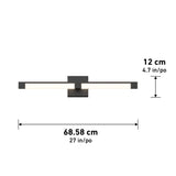 Rectangular black wall light fixture with illuminated ends, measuring 68.58 cm (27 inches) wide and 12 cm (4.7 inches) tall. Measurements are labeled next to and below the fixture.