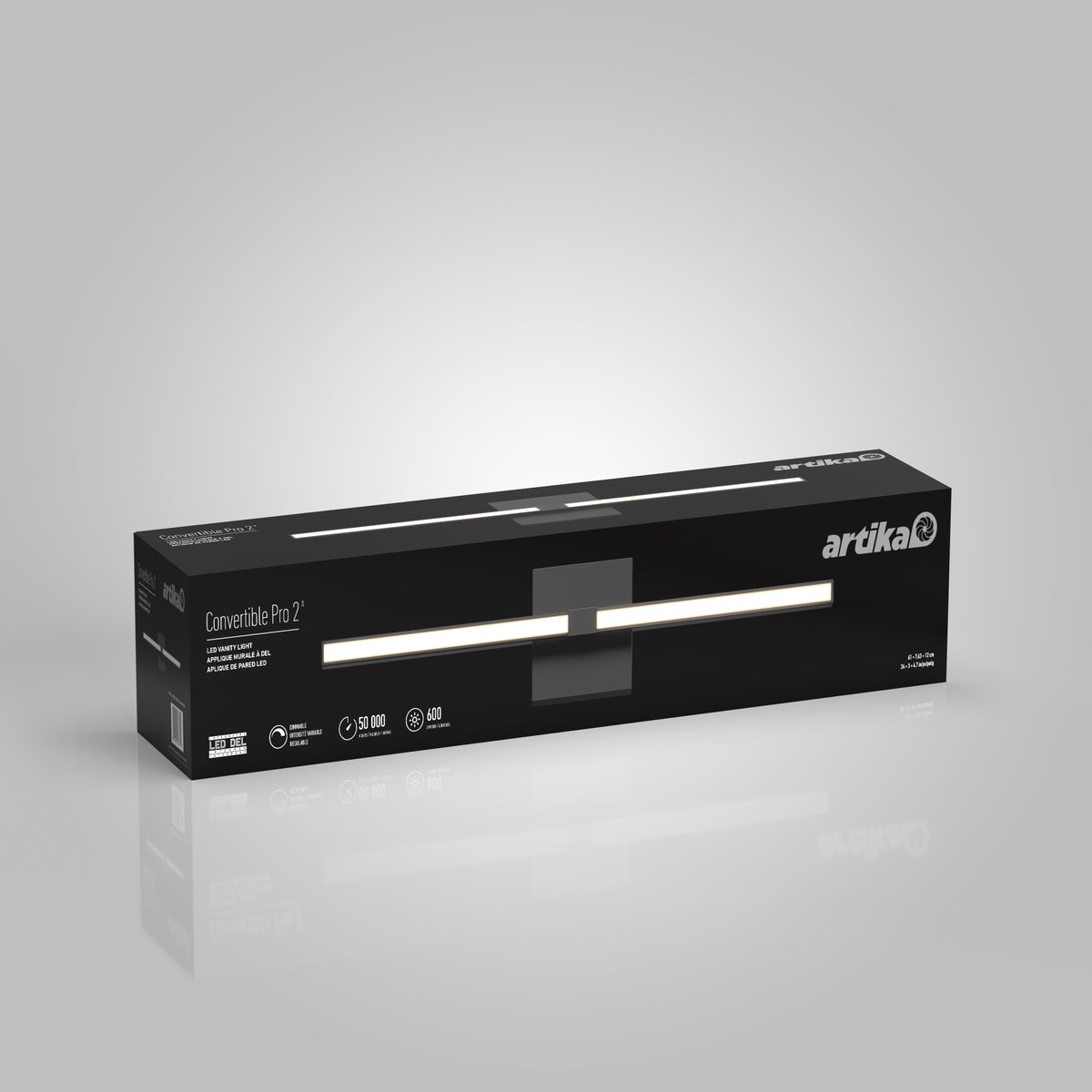 A black rectangular box with the brand name artika contains a Convertile Pro 2 LED light fixture. The box displays product features, including 36W, 3100 lumens, and 4500K.