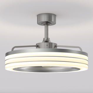 The Artika Horizon 23 in. LED modern ceiling fan features a sleek, contemporary circular design with glowing white LED rings, brushed metal finish, three speeds, and includes a remote control for easy operation.