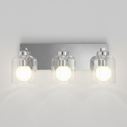 Artika Aryna 20 in. (51 cm) 3-Light LED Wall Vanity 3000K with glass shades and glowing LED bulbs on a rectangular metal backplate.