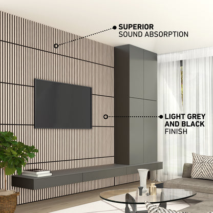 Modern living room featuring Artika’s Sonolok 15.5 ft sound-absorbing wall panel kit (4-pack) in light grey and black, floating shelves, tall black cabinets, a wall-mounted TV, and large windows with sheer curtains for a sleek finish.