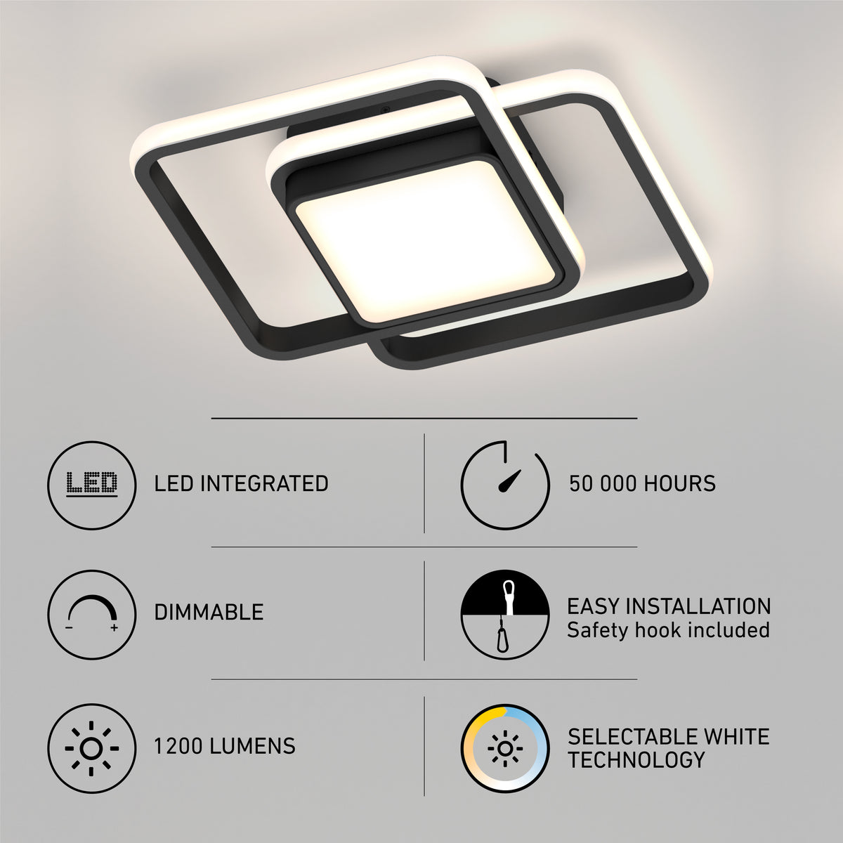 Modern square LED ceiling light fixture with integrated LEDs, 50,000-hour lifespan, 1200 lumens, dimmable feature, selectable white technology, and icons for easy installation and specifications shown below.
