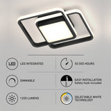 Modern square LED ceiling light fixture with integrated LEDs, 50,000-hour lifespan, 1200 lumens, dimmable feature, selectable white technology, and icons for easy installation and specifications shown below.