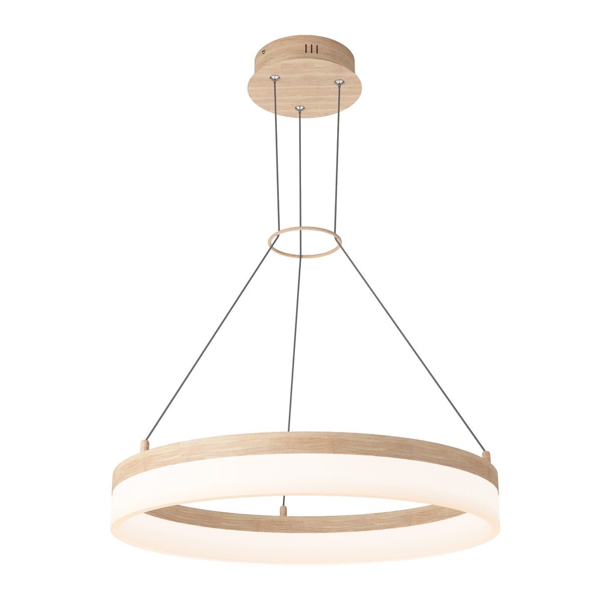 A modern circular pendant light with a wooden trim and frosted white diffuser, suspended from the ceiling by three thin metal cables and a matching wooden ceiling mount.