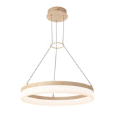 A modern circular pendant light with a wooden trim and frosted white diffuser, suspended from the ceiling by three thin metal cables and a matching wooden ceiling mount.