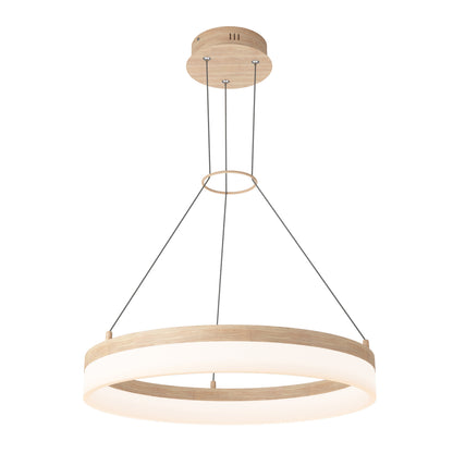 The Artika Optical LED pendant light 3 CCT features a circular design with a wooden finish, suspended by four thin cables from a round mount. Its adjustable white glow offers minimalist, contemporary lighting for any modern space.