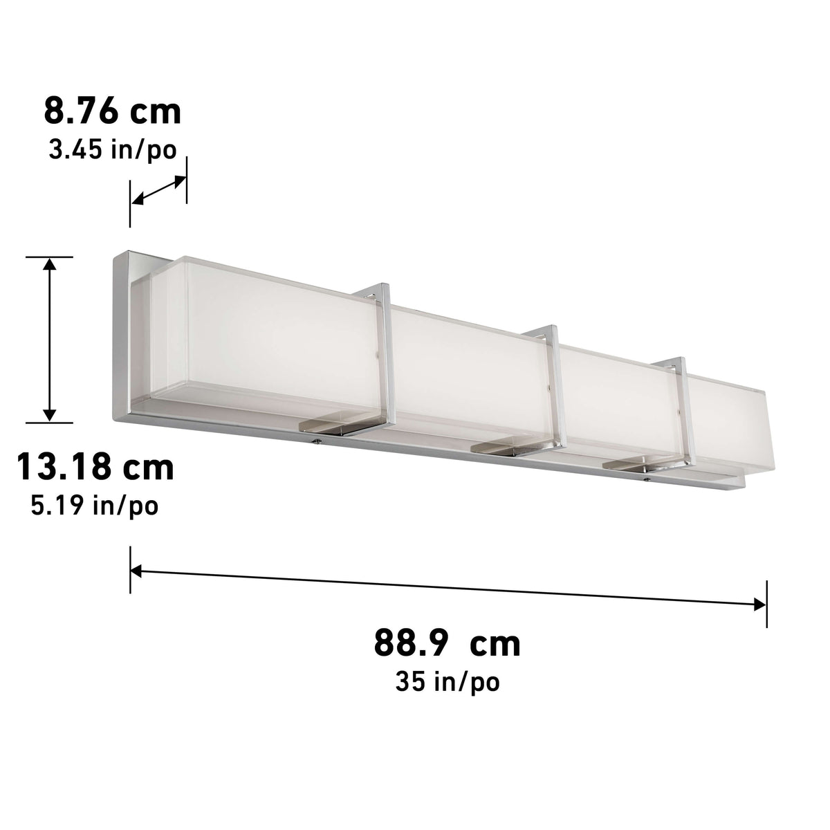 Rectangular wall-mounted light fixture with three frosted glass panels and chrome accents. Dimensions: 8.76 cm (height), 13.18 cm (depth), and 88.9 cm (width). Measurements provided in both cm and inches.