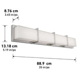 Rectangular wall-mounted light fixture with three frosted glass panels and chrome accents. Dimensions: 8.76 cm (height), 13.18 cm (depth), and 88.9 cm (width). Measurements provided in both cm and inches.