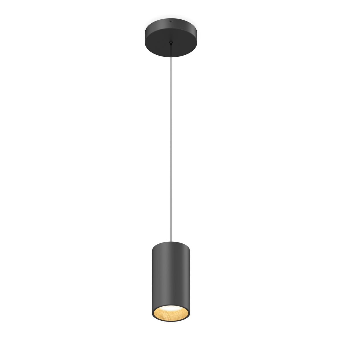 The Artika Alton mini LED pendant light 5 CCT features a modern black cylindrical shade with a light-colored interior, suspended from a thin cord and round ceiling mount.