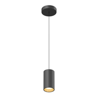 The Artika Alton mini LED pendant light 5 CCT features a modern black cylindrical shade with a light-colored interior, suspended from a thin cord and round ceiling mount.