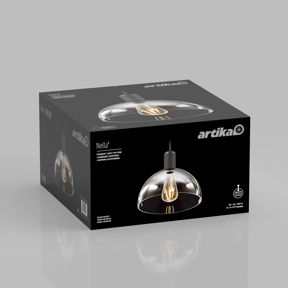A black box labeled "Artika" and "Nella Pendant without Bulbs" displays a photo of the modern glass pendant light, with product details in white text on a gray background.