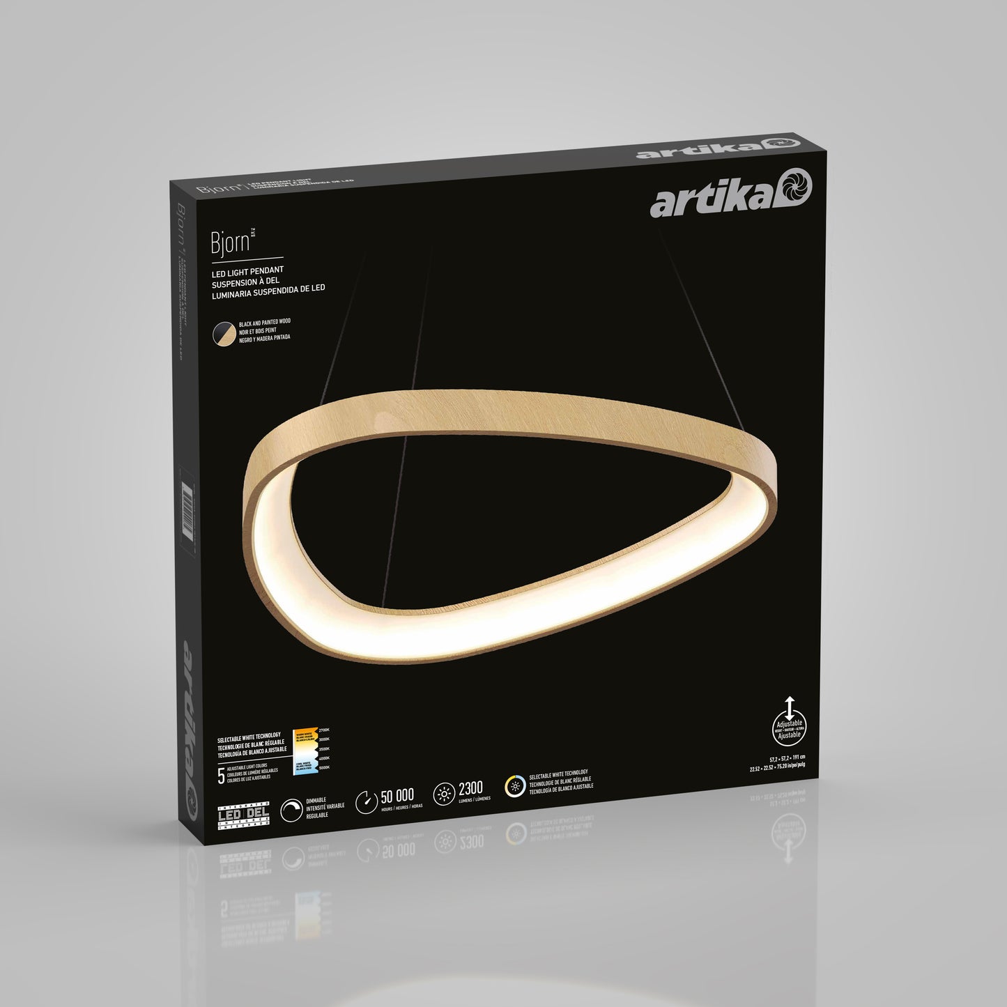 A box for the Artika Bjorn modern LED pendant light 5 CCT displays an image of a sleek, oval, wood-finish ceiling lamp glowing warmly on a black background, along with product details and icons on the packaging.