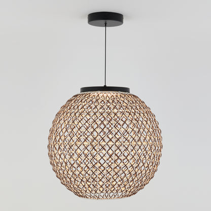 The Artika Benson LED pendant light 5 CCT features a round woven rattan shade, a visible bulb, and hangs from the ceiling by a black cord with a minimalist black mount against a plain white background.