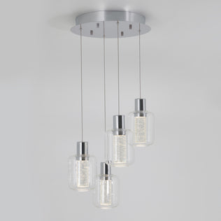The Artika Champagne Globe 4-light LED pendant features four cylindrical glass lights, each suspended at varying heights from a round metallic base, with bright sparkling inner cores for a modern look.