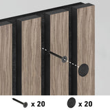 A diagram showing a screw being installed between two vertical wooden panels, with a dashed line indicating its placement. Below, icons show 20 screws and 20 round caps included.