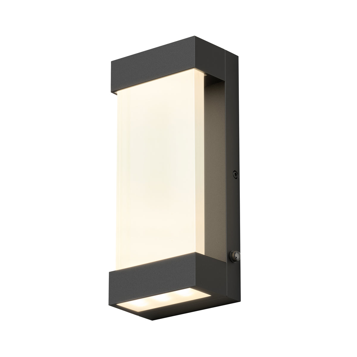 The Artika Glacier indoor-outdoor LED wall light features a modern rectangular design with a frosted glass center and matte black frame, suitable for vertical mounting in any space.