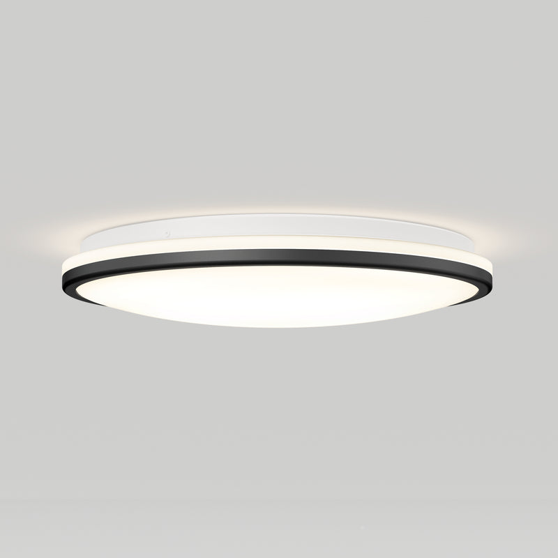 Macy 15 in. Smart RGB LED Flush Mount Light with a round white base, black trim, and a frosted glass diffuser.