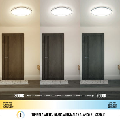The Artika Europa 21 in. LED modern flush mount light with remote displays three modes—warm white (3000K, left/yellowish), neutral white (center), and cool white (5000K, right/bluish)—with labels in English, French, and Spanish.