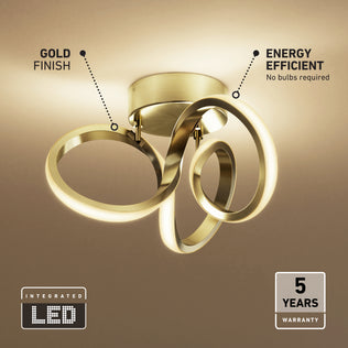 Artika Swirl LED flush mount features three gold loops, 1300 lumens, and a 5-year warranty—perfect for modern décor.