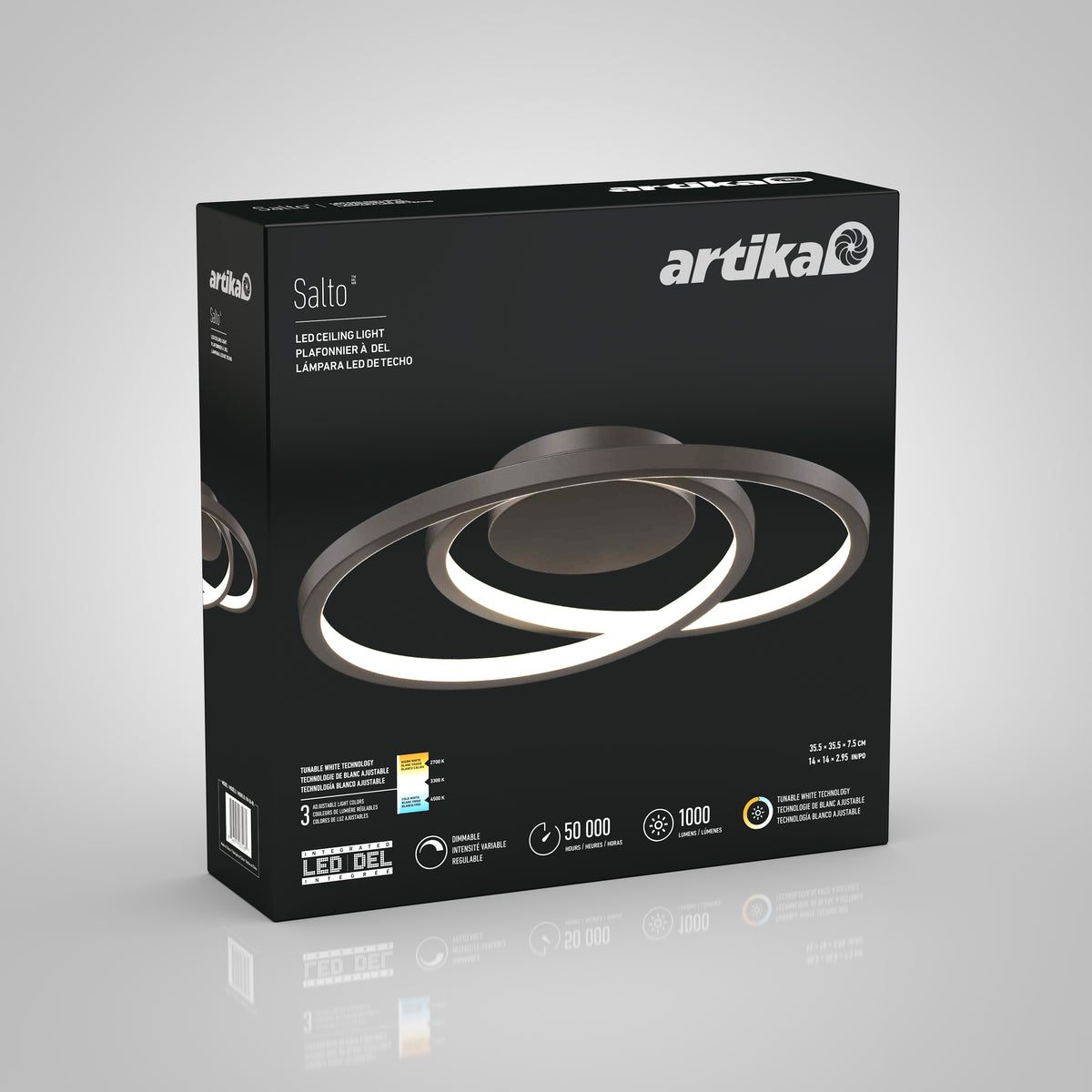 A black box featuring the Artika Salto LED ceiling light with circular, overlapping rings on the front. The packaging displays specifications and icons for brightness, lifespan, and warranty.