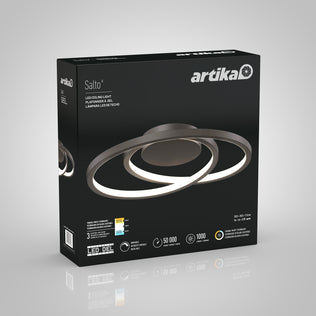 A black box of the Artika Salto LED flush mount light displays the modern circular fixture with overlapping rings, product details, and icons showing 1,000 lumens brightness and a 50,000-hour lifespan.