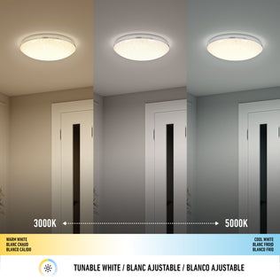 The Artika Sparkle 15 in. LED modern flush mount light 5 CCT is shown above a door in three color temperatures—warm white (3000K), neutral, and cool white (5000K)—demonstrating its adjustable lighting options.