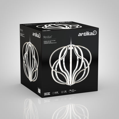 A black box displays the Artika Meridian LED pendant light, showcasing glowing white curves in a spherical design, with product details printed in white text.