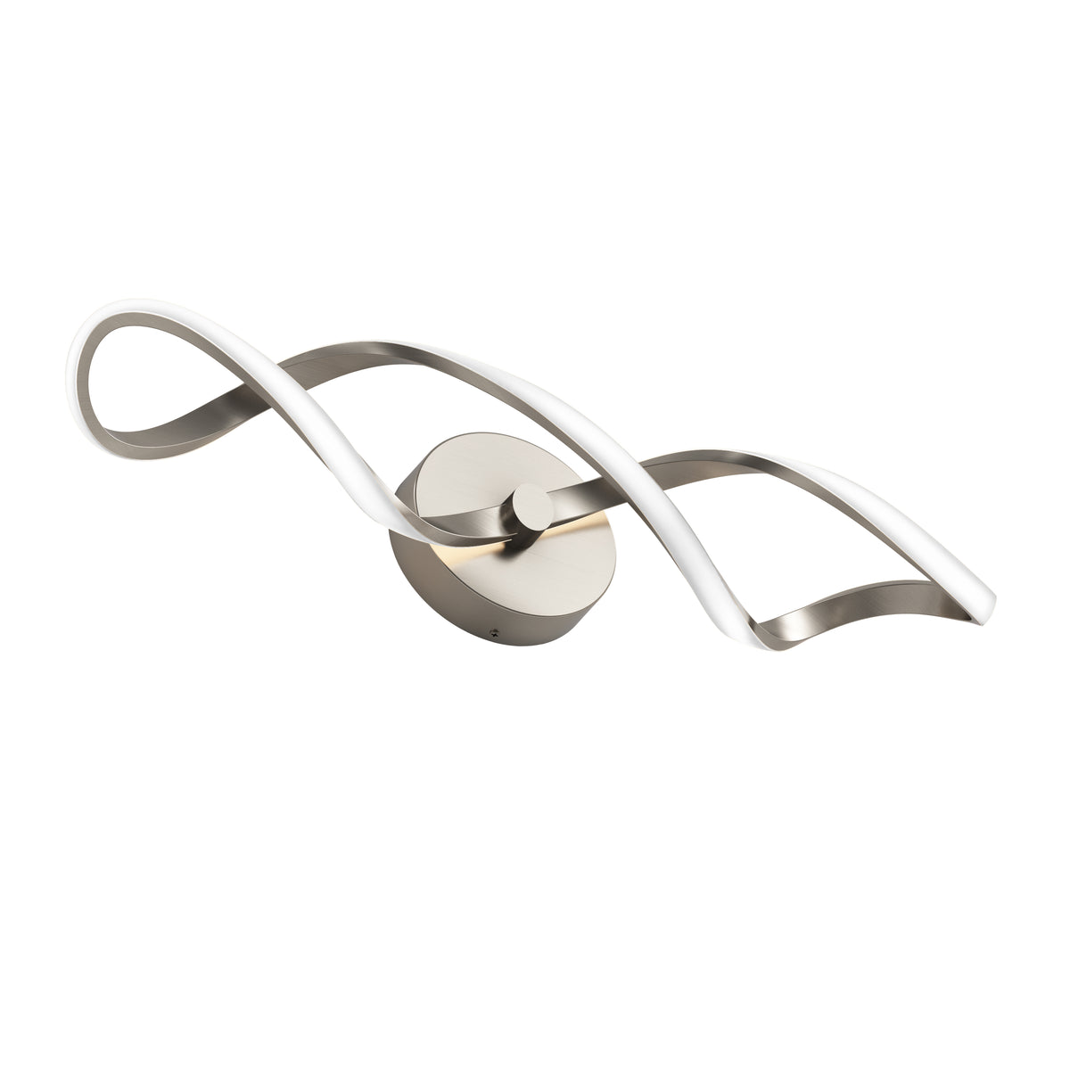 The Artika Swirl LED bathroom vanity light features two intertwined, wavy metallic arms with a brushed finish on a round base. Its sleek, minimalist design blends silver and white tones for a modern touch.