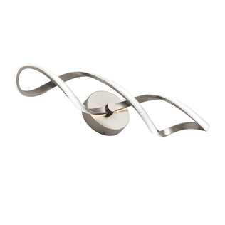 The Artika Swirl LED bathroom vanity light features two intertwined, wavy metallic arms with a brushed finish on a round base. Its sleek, minimalist design blends silver and white tones for a modern touch.