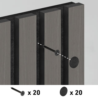 Illustration of a screw being inserted into an Artika Sonolok 15.5 ft sound-absorbing wall panel (4-pack), with 20 screws and 20 round caps displayed, showing the quantity needed for assembly.