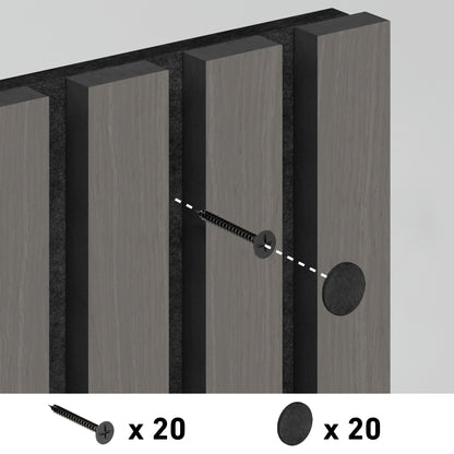 Illustration of a screw being inserted into an Artika Sonolok 15.5 ft sound-absorbing wall panel (4-pack), with 20 screws and 20 round caps displayed, showing the quantity needed for assembly.