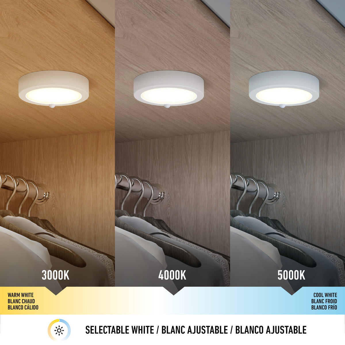 A ceiling light above a closet is shown in three color temperatures: 3000K (warm white), 4000K (neutral white), and 5000K (cool white). Text below reads Selectable White in English, French, and Spanish.