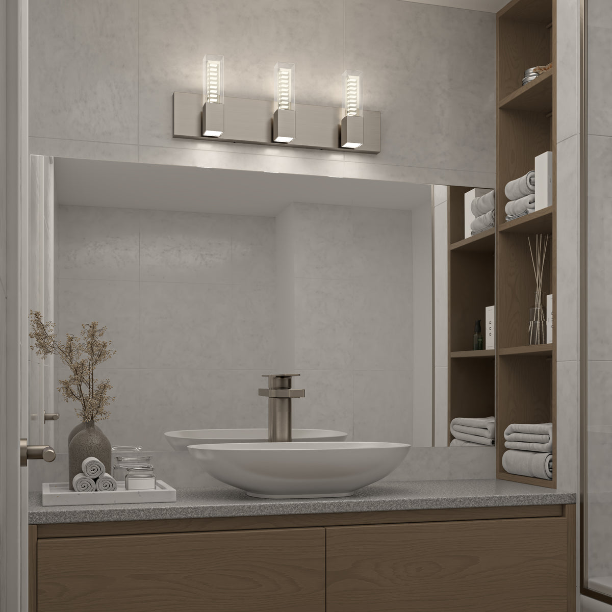 Modern bathroom with vessel sink, wooden shelves, towels, and Artika Hologram LED vanity light above the large mirror.