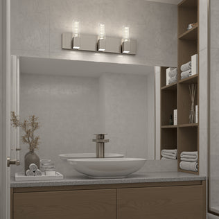 Modern bathroom with vessel sink, wooden shelves, towels, and Artika Hologram LED vanity light above the large mirror.