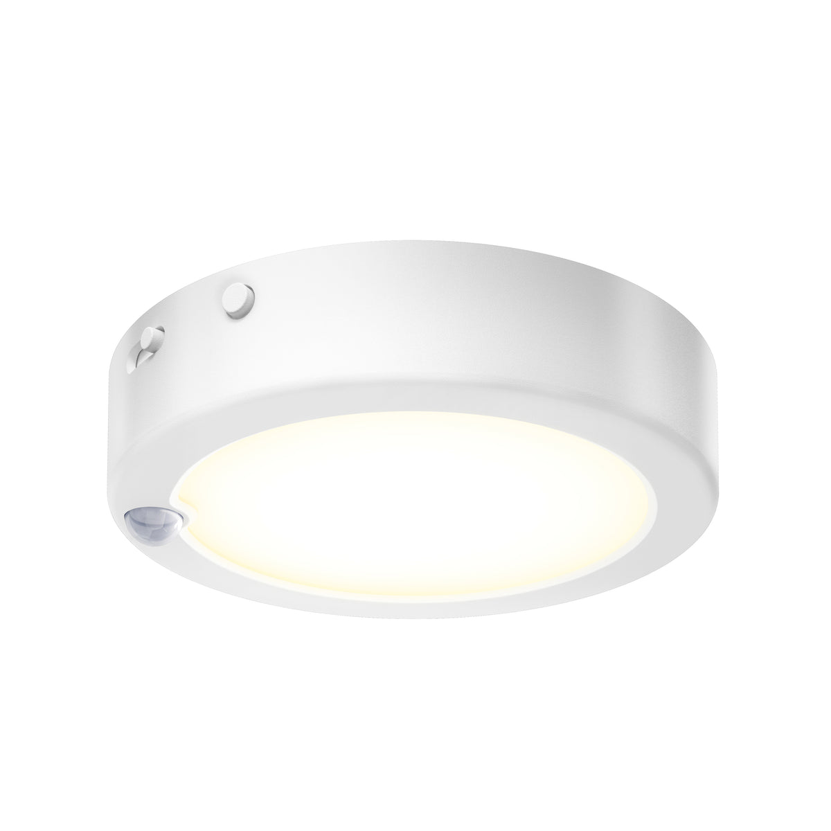A round, white LED ceiling light fixture with a smooth surface and a soft glowing center, featuring a small sensor on the side.