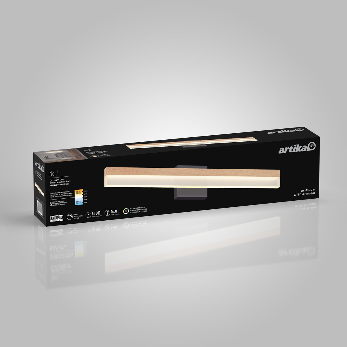 A rectangular black box with an image of a modern LED wall light on the front. The box features the brand name artika and product details, with a wood and white light fixture displayed prominently.