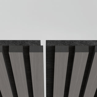 Close-up of two parallel rows of Artika Sonolok 15.5 ft sound-absorbing wall panel kits (4-pack) in dark gray, with a gap between them against a light, neutral background.