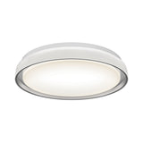 A modern, round, white ceiling light fixture with a smooth, frosted cover emitting a soft, even glow.