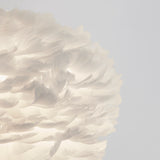 Close-up of a soft, white feathered lampshade or decorative object, with light shining through the delicate feathers against a plain, pale background.